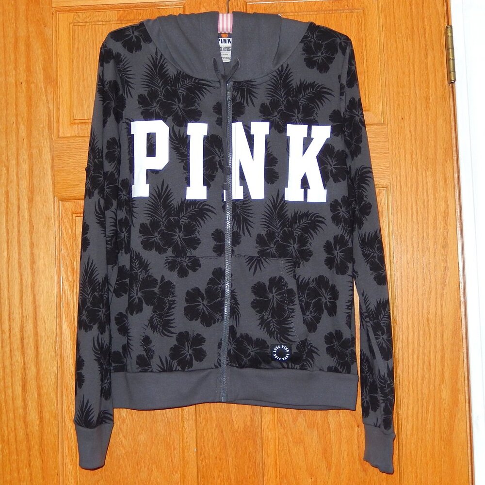 New Victoria's Secret PINK Hoodie Jacket Hibiscus Black Gray Flower Y2K Medium